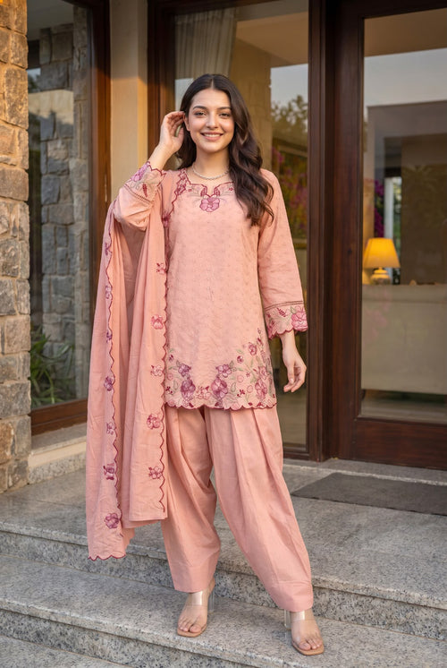Pink peach short kurti farshi salwar suit – front standing view