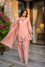 Pink peach farshi salwar suit – descending stairs pose with dupatta
