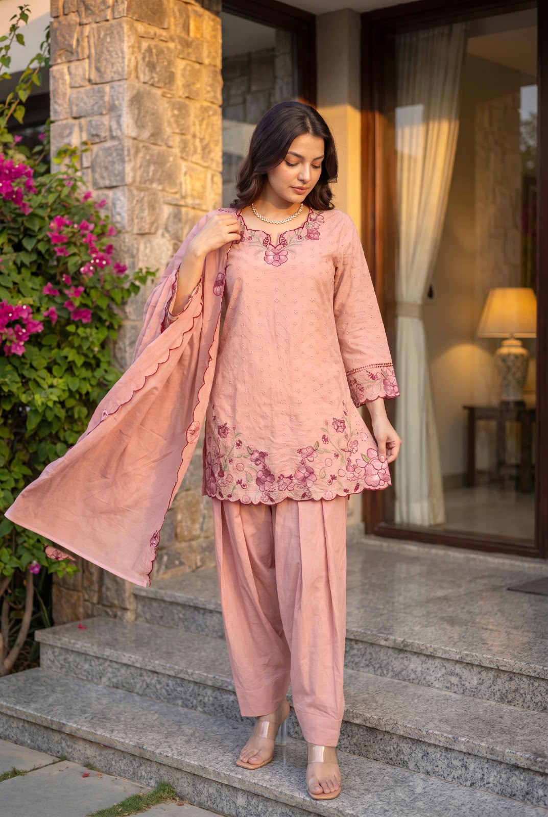 Pink peach farshi salwar suit – descending stairs pose with dupatta