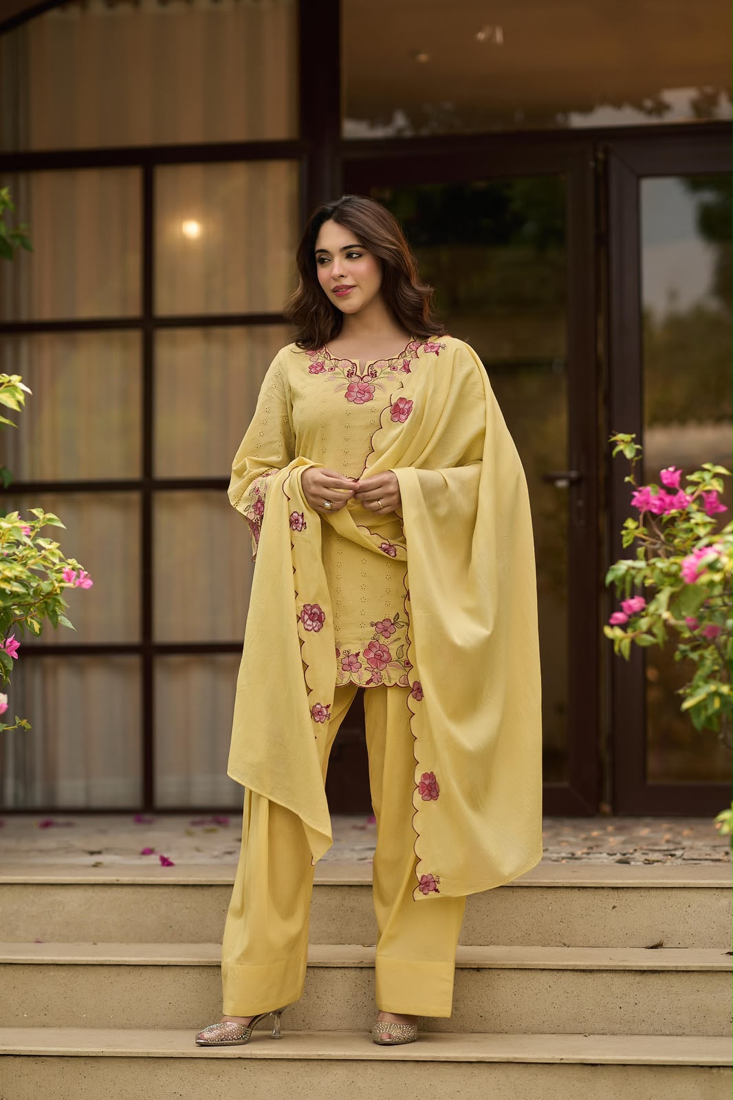 Yellow mustard farshi salwar suit with embroidered dupatta – full front pose