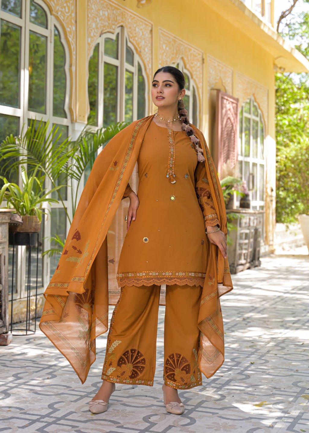 Mustard short kurti embroidered plazo pant with dupatta – full front standing view