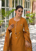 Mustard embroidered short kurti – close-up mirror work neckline and placket