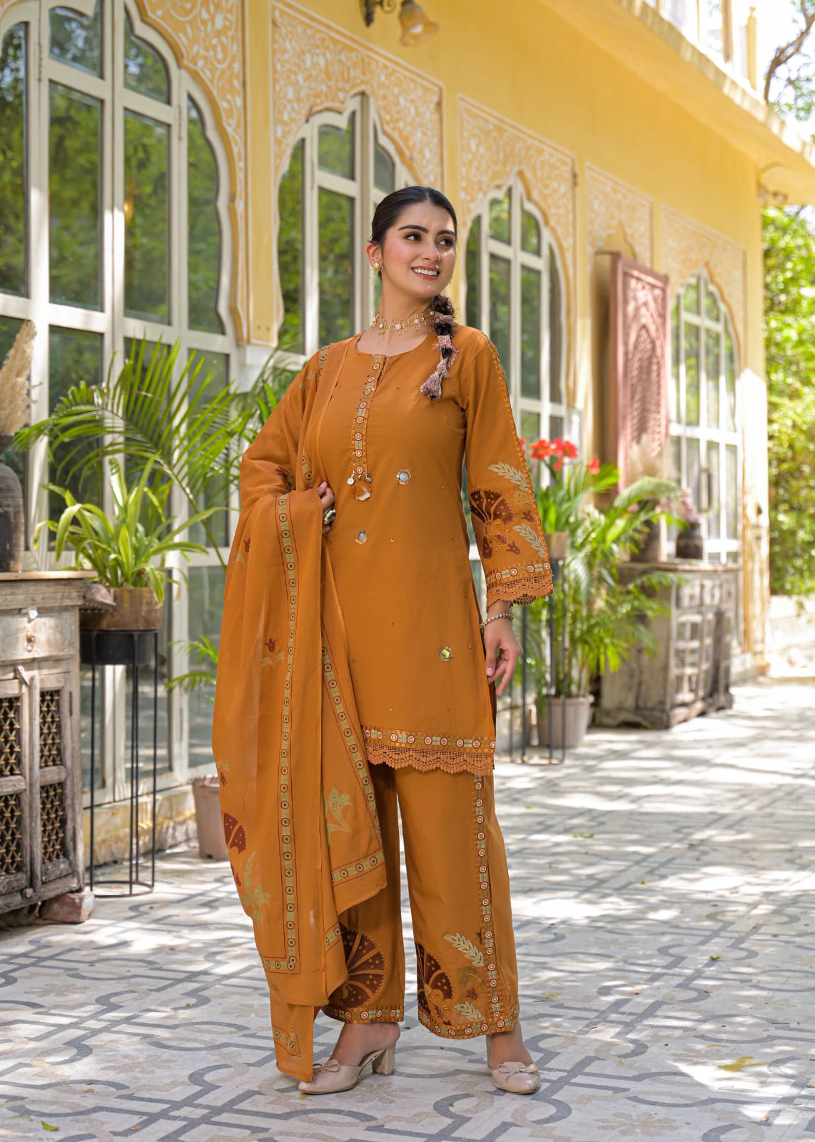 Mustard short kurti plazo pant set with organza dupatta – side standing pose