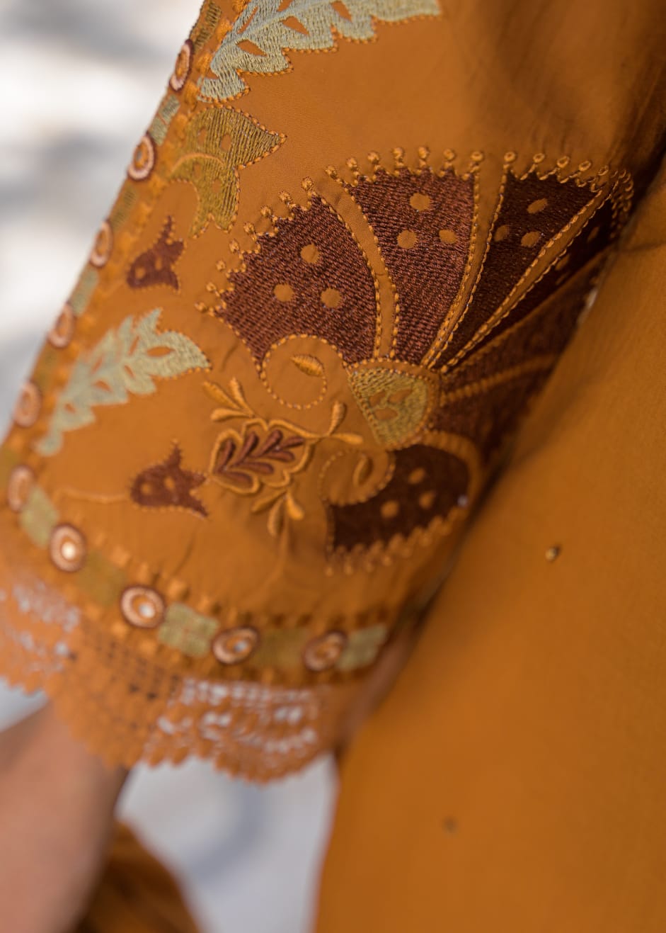 Mustard embroidered plazo pant set – dupatta drape walking pose