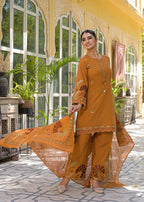 Mustard short kurti embroidered plazo pant with dupatta – full front smiling pose