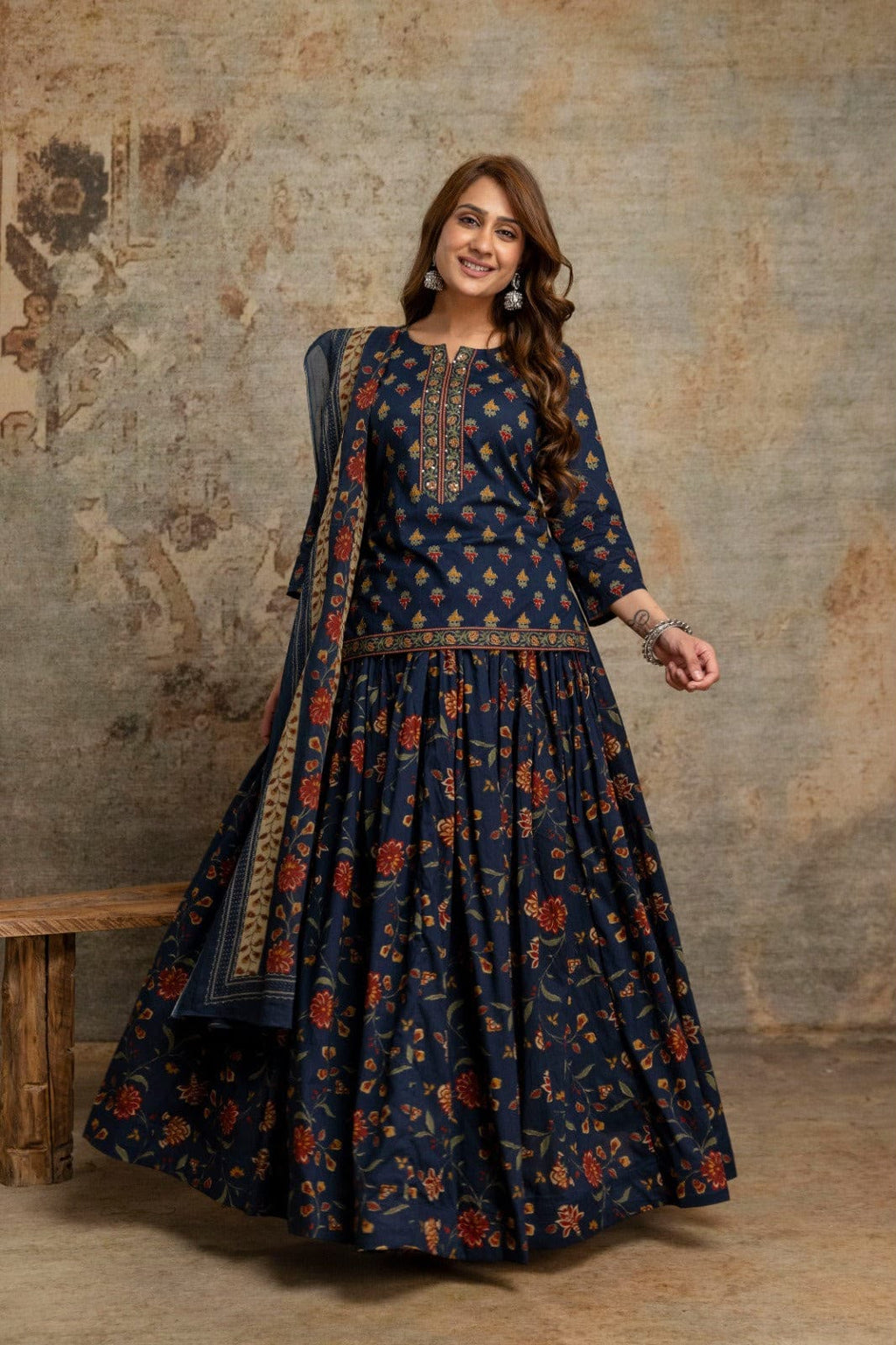 Navy blue short kurti with floral printed skirt and dupatta – full front standing view