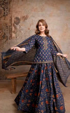 Navy blue short kurti with skirt – dupatta twirl pose