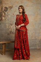 Red short kurti with floral printed skirt and dupatta – full front standing view