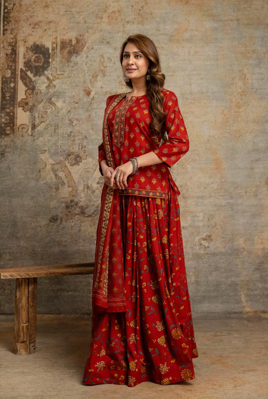 Red short kurti with floral printed skirt and dupatta – full front standing view