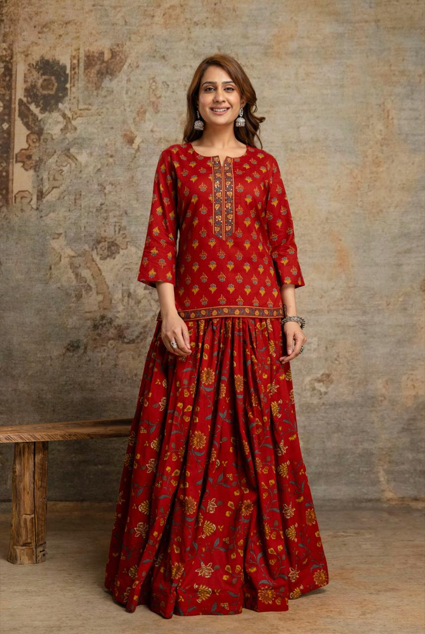 Red short kurti with skirt – smiling front pose without dupatta
