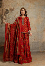 Red short kurti with floral skirt and dupatta – dupatta display pose