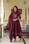 Wine Anarkali bandhani suit – full front standing view with dupatta drape showing mandala mirror work