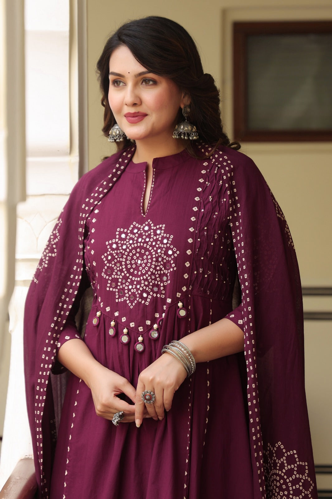 Olive green Anarkali bandhani suit – full front outdoor standing view with dupatta