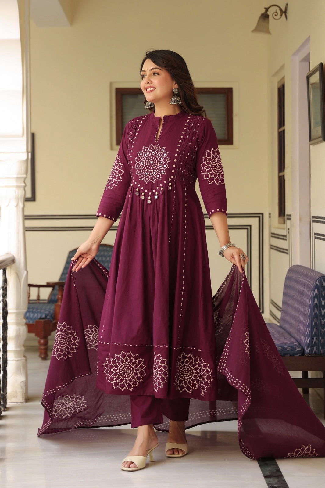 Wine Anarkali bandhani suit – back view showing dupatta with mandala mirror motifs
