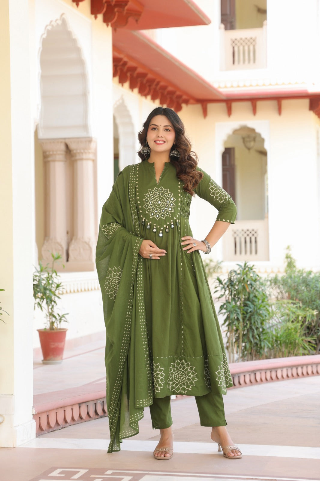 Wine Anarkali bandhani suit – outdoor smiling full front pose with dupatta
