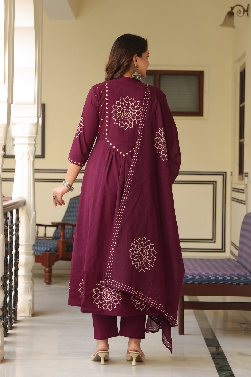 Wine Anarkali bandhani suit – smiling close-up portrait with dupatta draped on shoulders