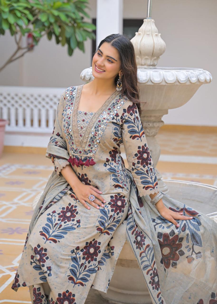Beige brown ikat print straight kurta with pant – smiling front standing pose