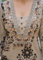 Beige brown ikat print straight kurta with pant and dupatta – full front standing view