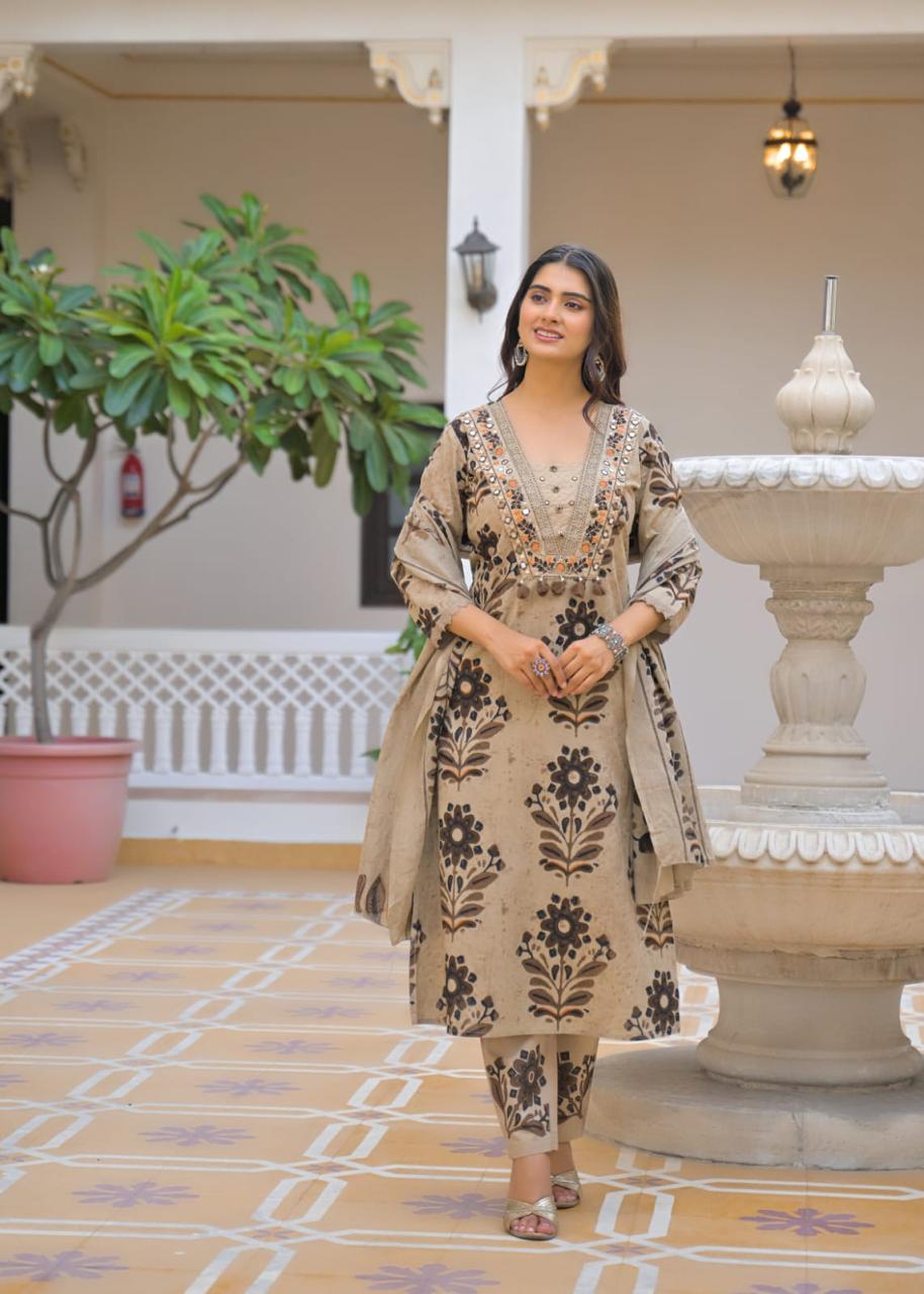 Beige brown ikat print suit – dupatta display full front pose