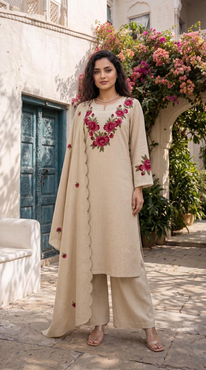 Beige cream schiffli suit – lifestyle full front standing view with red rose embroidery neckline and scalloped hem