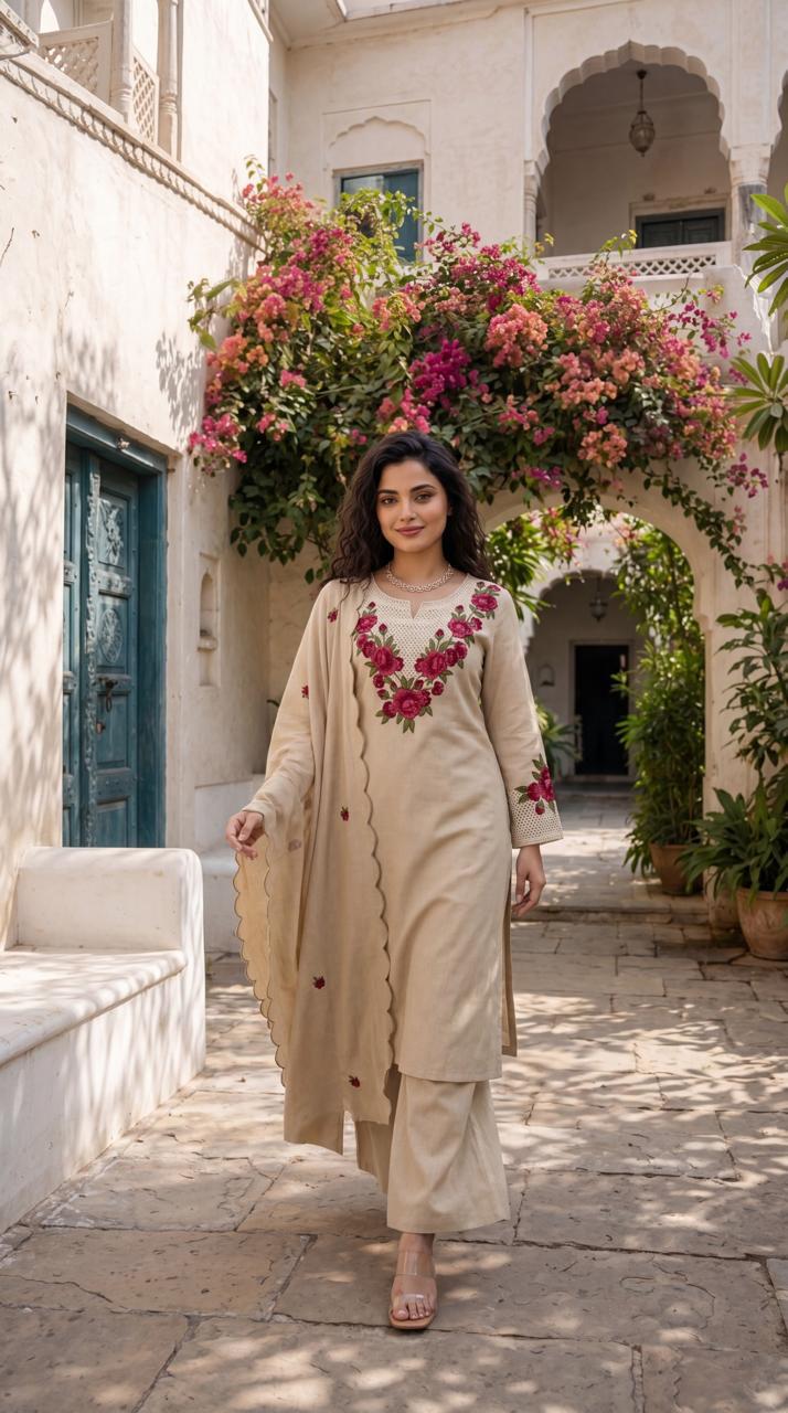 Mint green schiffli fabric suit – full display on hanger showing eyelet cutwork and floral embroidery