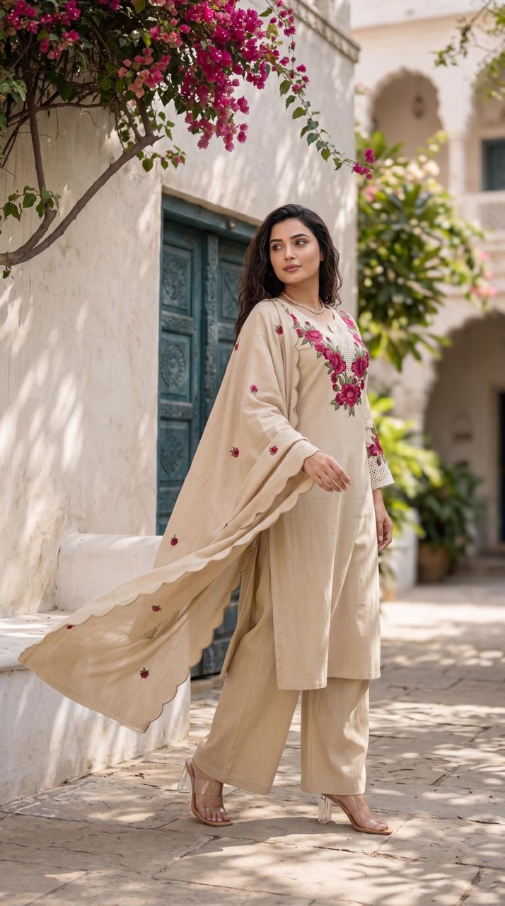 Lavender schiffli suit – lifestyle outdoor standing view with dupatta in Rajasthani setting