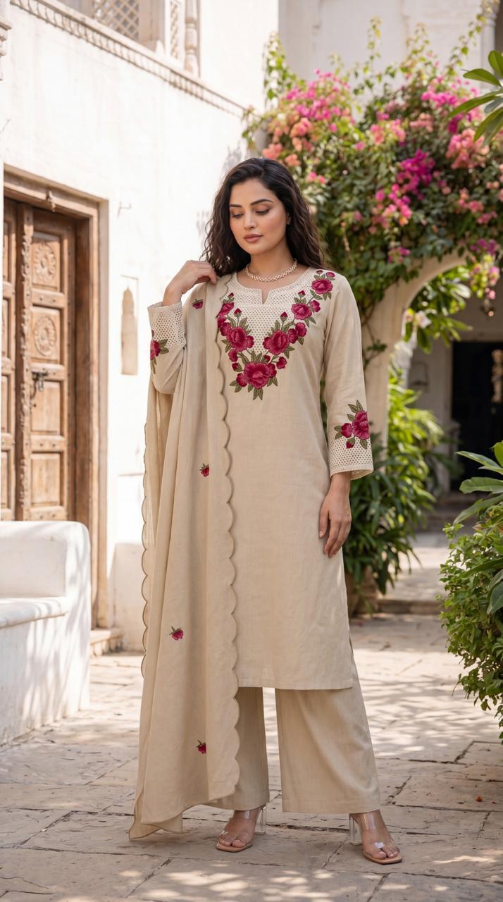 Lavender schiffli fabric suit – full display on hanger showing eyelet cutwork and pink floral embroidery