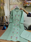 Lavender schiffli suit – lifestyle full front standing view with dupatta draped