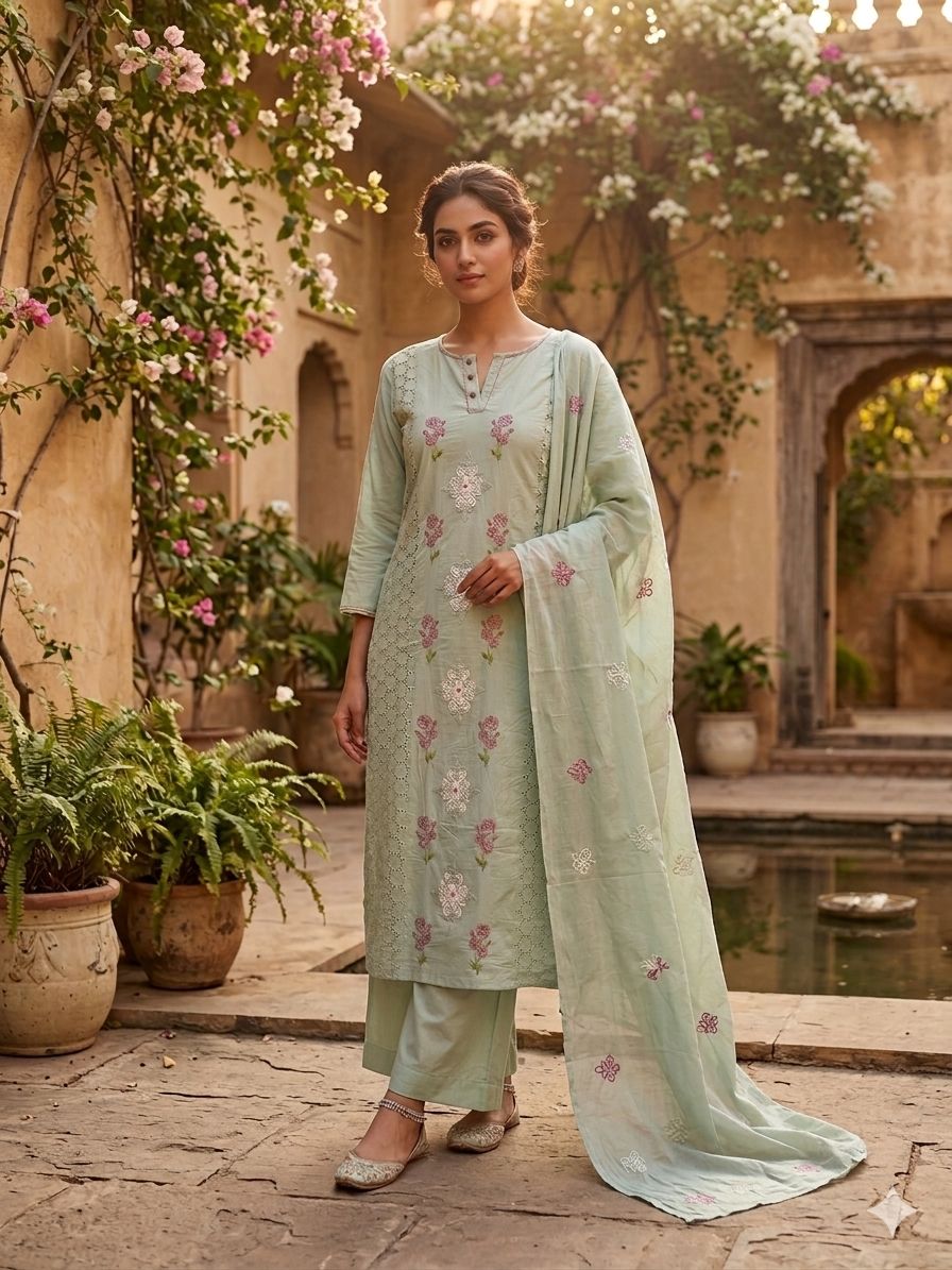 Mint green schiffli suit – lifestyle full front standing view with dupatta in garden setting