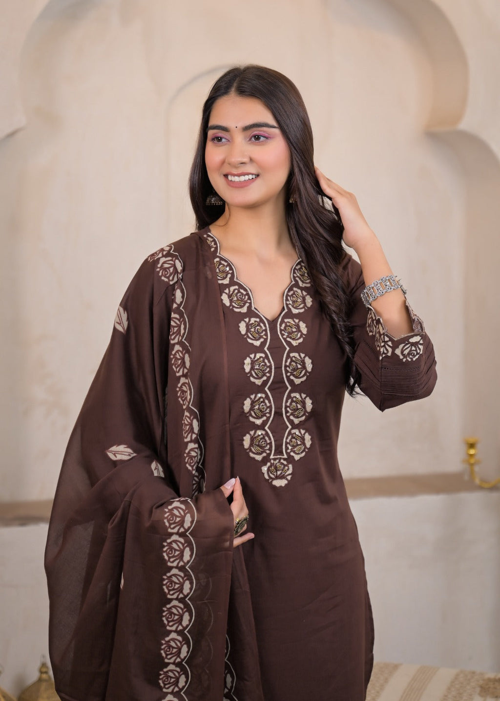 Red pure cotton 3-piece suit laid flat – showing rose embroidery neckline and large rose hem print