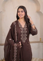 Red pure cotton 3-piece suit laid flat – showing rose embroidery neckline and large rose hem print