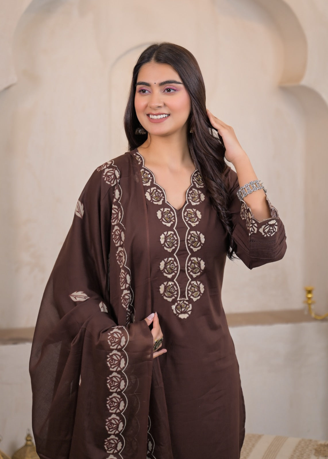 Red pure cotton 3-piece suit laid flat – showing rose embroidery neckline and large rose hem print