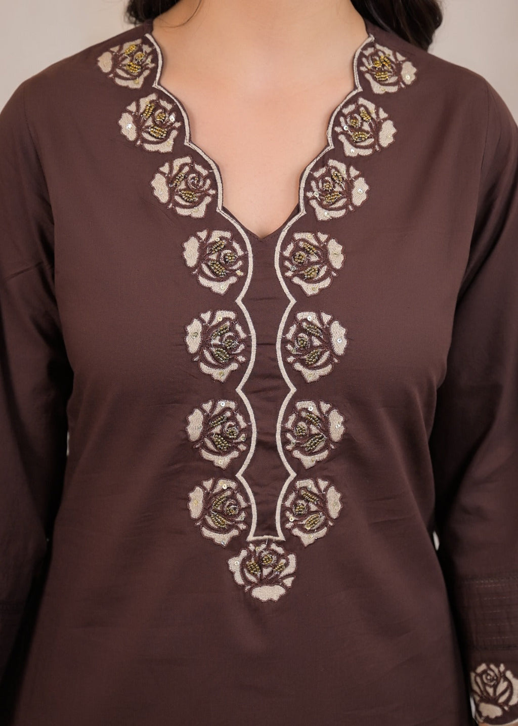 Red pure cotton suit – close-up rose embroidery neckline with dupatta