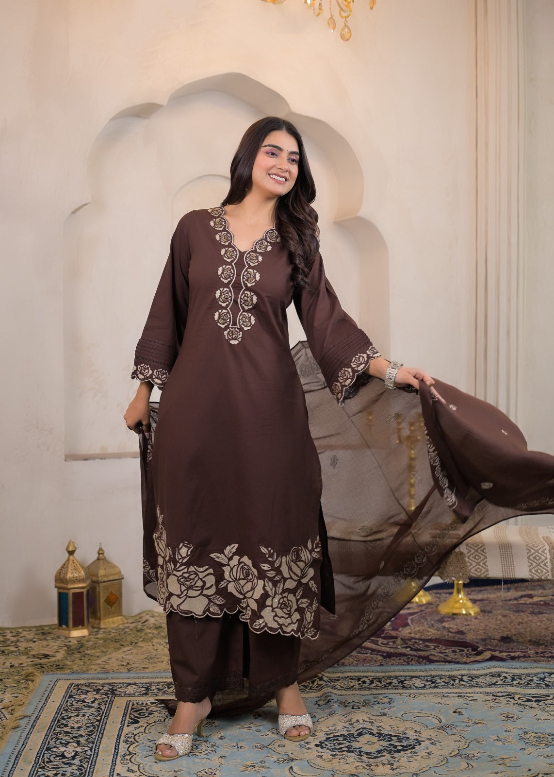 Red pure cotton kurta with dupatta – smiling outdoor standing pose