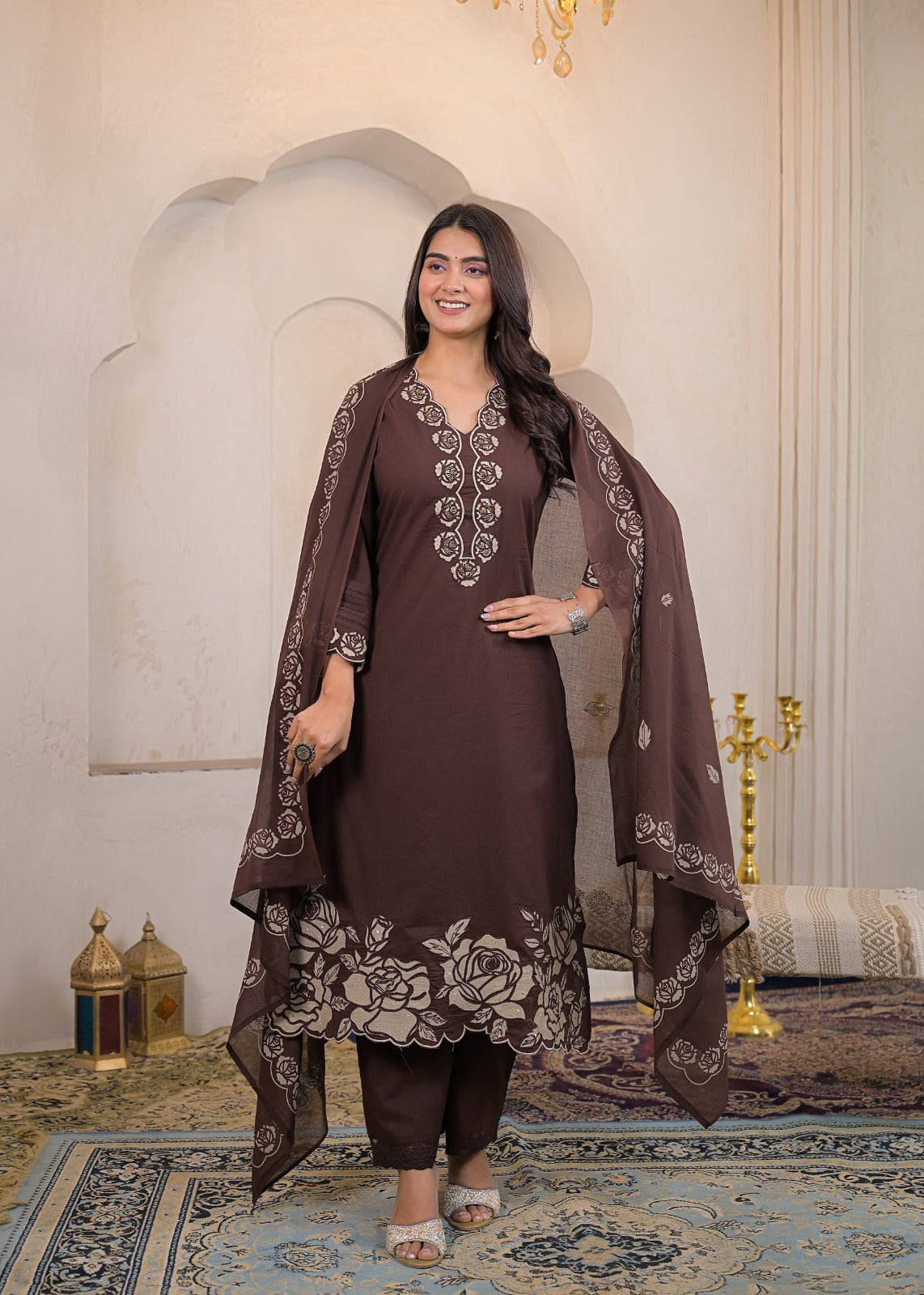 Mustard pure cotton suit – close-up rose embroidery neckline detail