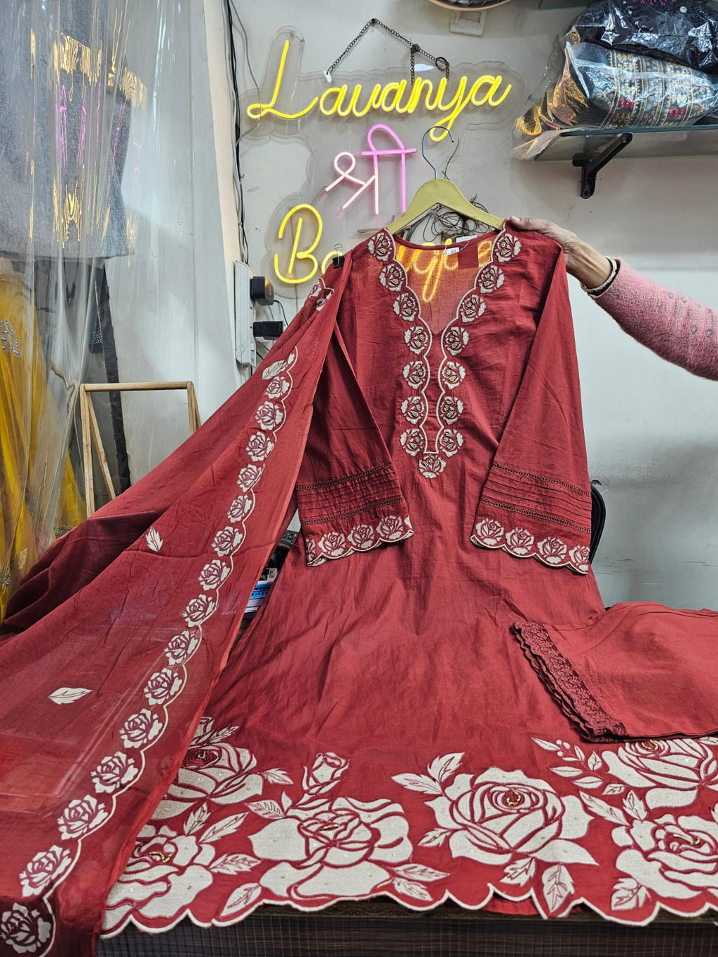 Mustard pure cotton 3-piece suit – full front standing view with dupatta