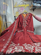 Mustard pure cotton 3-piece suit – full front standing view with dupatta