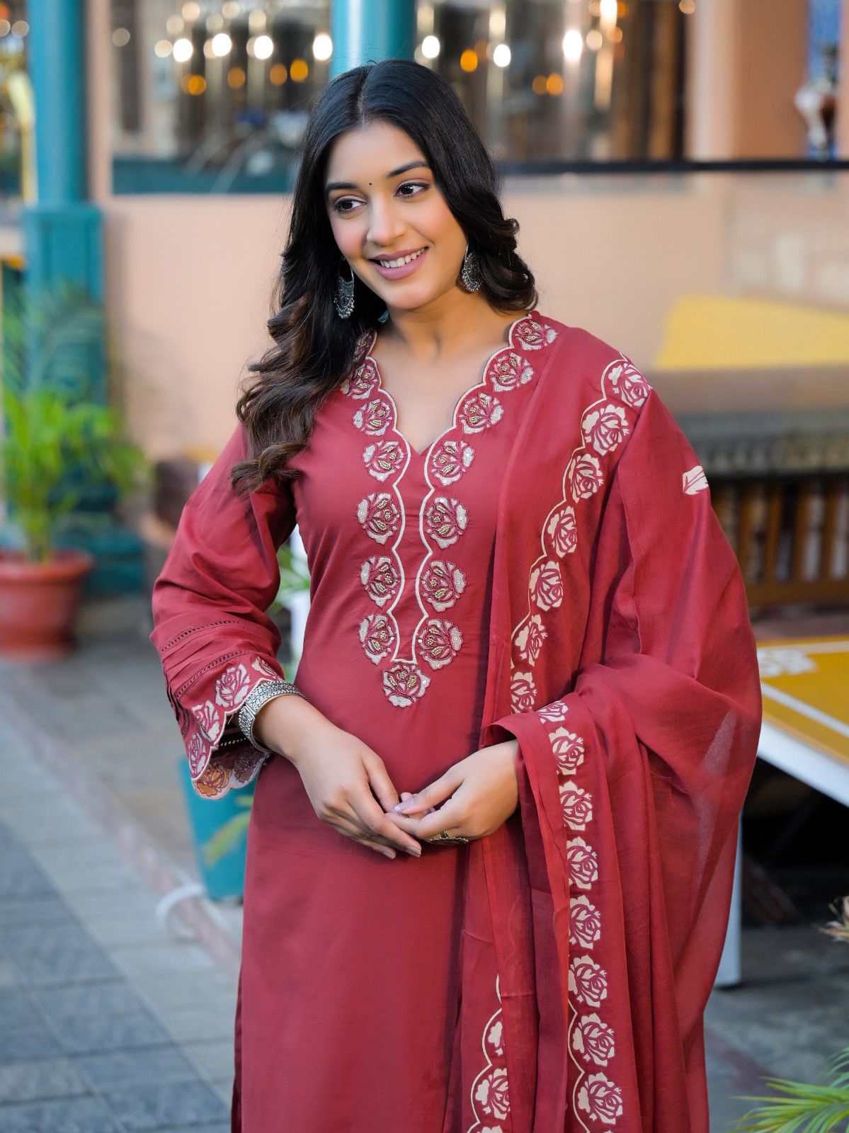Dark brown pure cotton suit – dupatta display side pose
