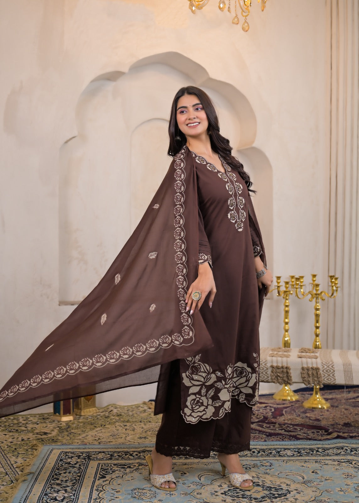 Mustard pure cotton kurta – outdoor smiling pose with dupatta drape