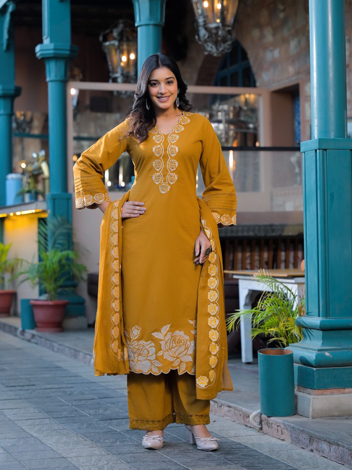 Dark brown pure cotton kurta – full front standing view with dupatta drape