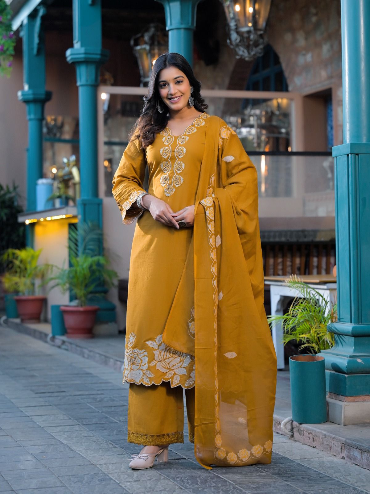 Dark brown pure cotton suit – smiling full front standing view