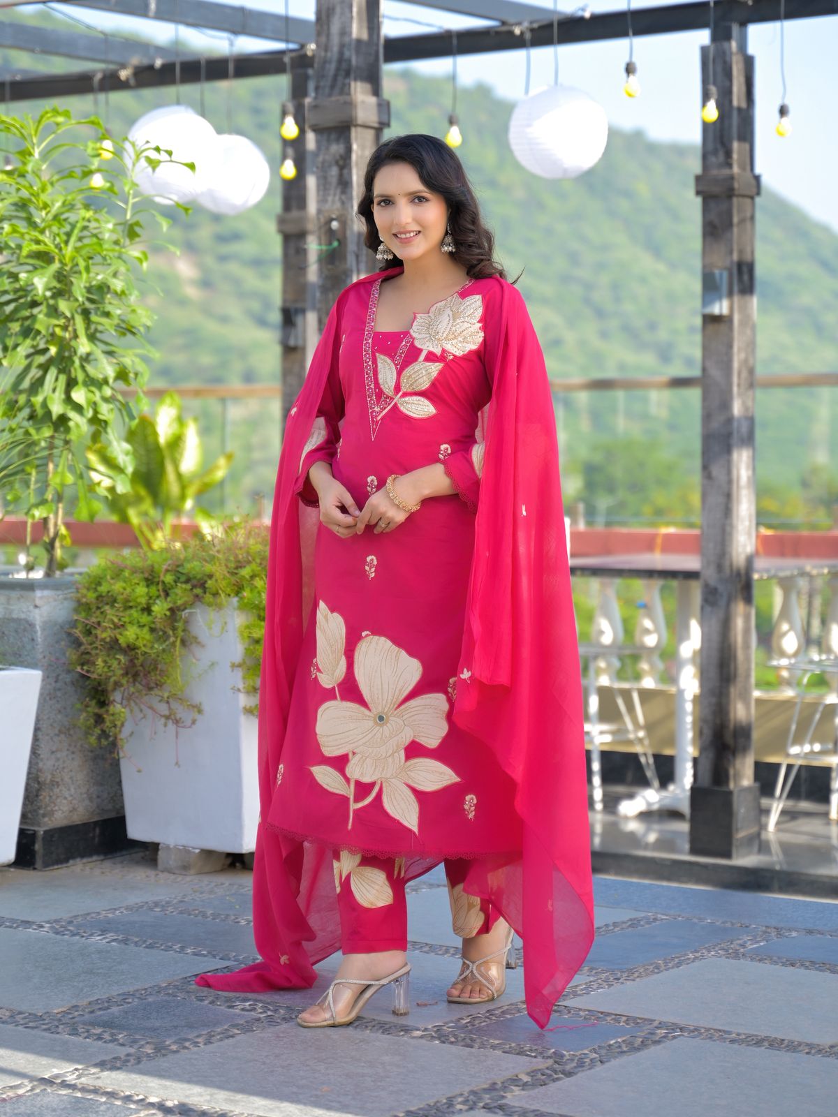 Rust orange premium cotton suit with cream applique floral motif – full front standing view with dupatta
