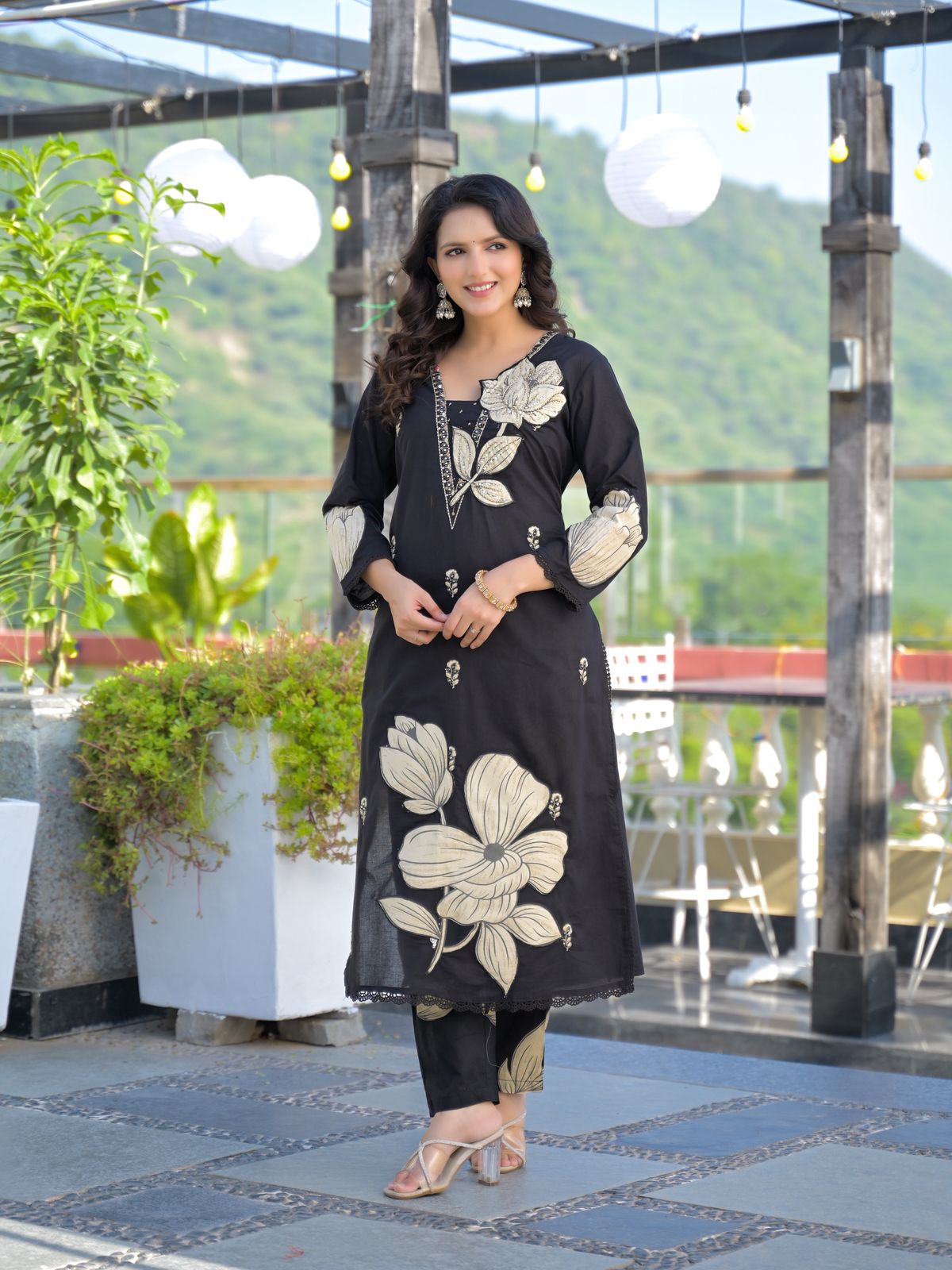 Black premium cotton suit with cream applique – full front standing view with dupatta drape