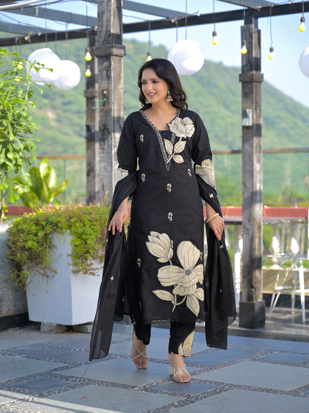 Rani pink premium cotton suit with cream applique – full front walking pose with dupatta