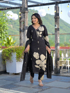 Rani pink premium cotton suit with cream applique – full front walking pose with dupatta