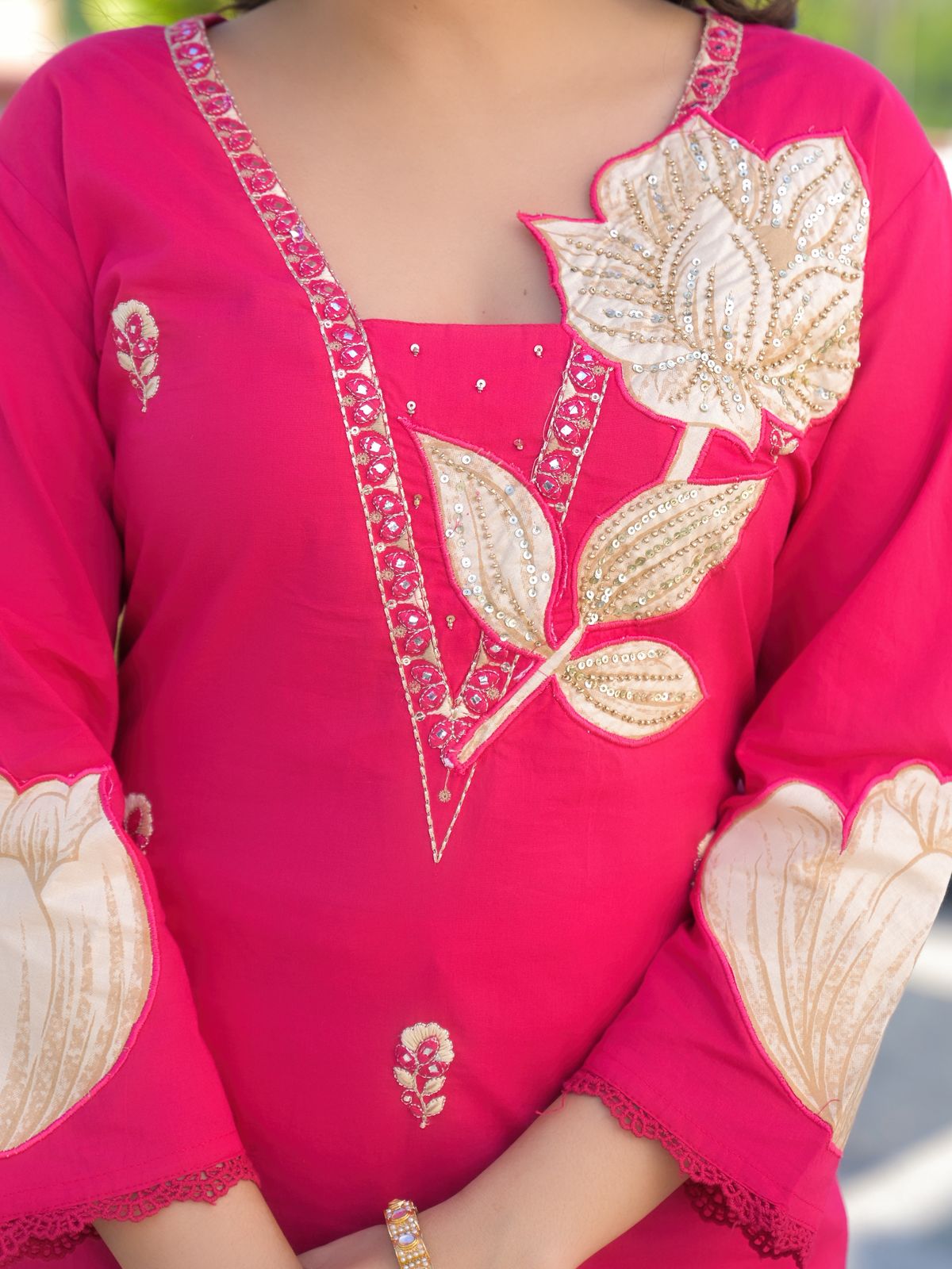 Rani pink premium cotton suit – smiling outdoor portrait with dupatta