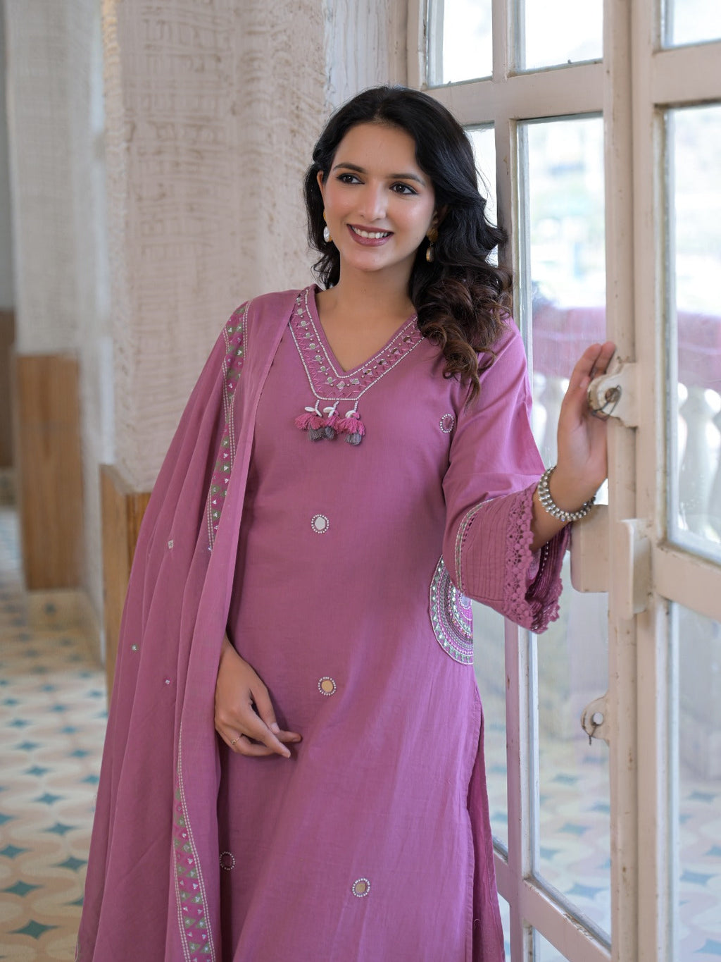 Grey taupe pure fabric suit – close-up silver mirror work V-neckline with pink silk tassels