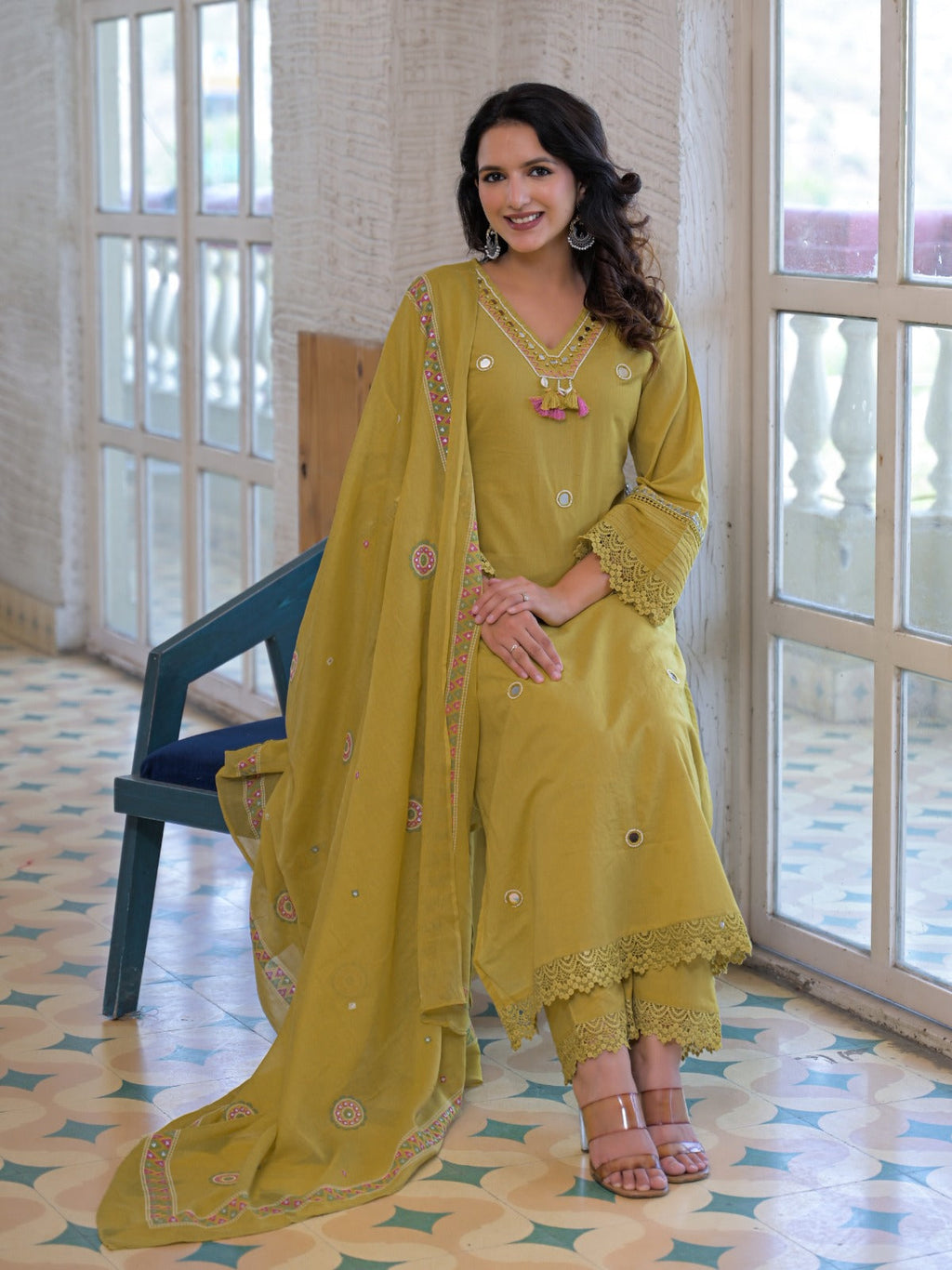 Olive yellow pure fabric suit – full front standing view with dupatta and mirror work detail