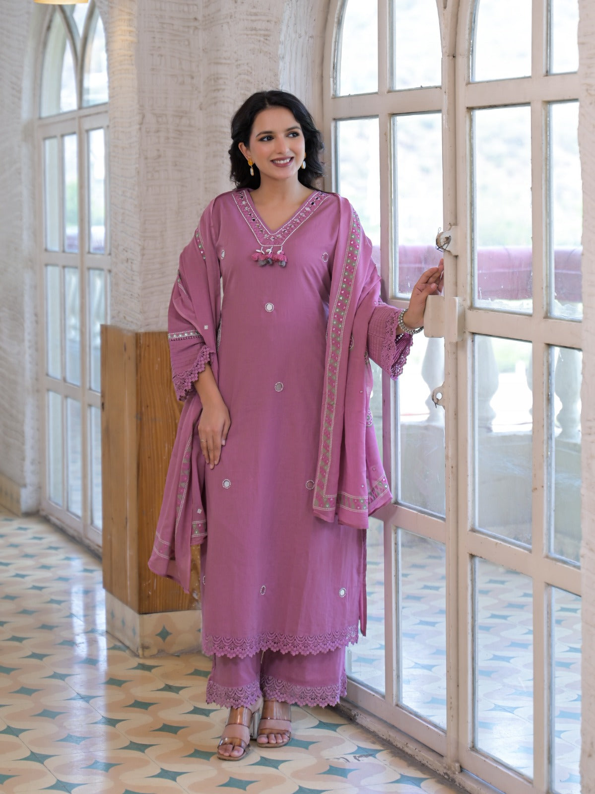 Mauve pink pure fabric suit – smiling full front standing view with dupatta draped open