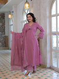 Mauve pink pure fabric suit – full front standing view with dupatta display showing mirror border